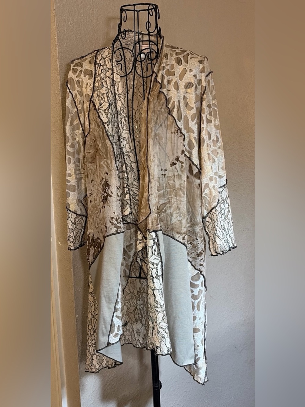 Kamana Woman’s Lace Patchwork Sheer Drape Front Cardigan Size M